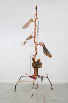 Jordan Herregraven, Stolen Harvest, 2025, linden wood, steel, textile, horse hair, epoxy clay, dried flowers, ceramic, hay, 320 x 120 x 100 cm