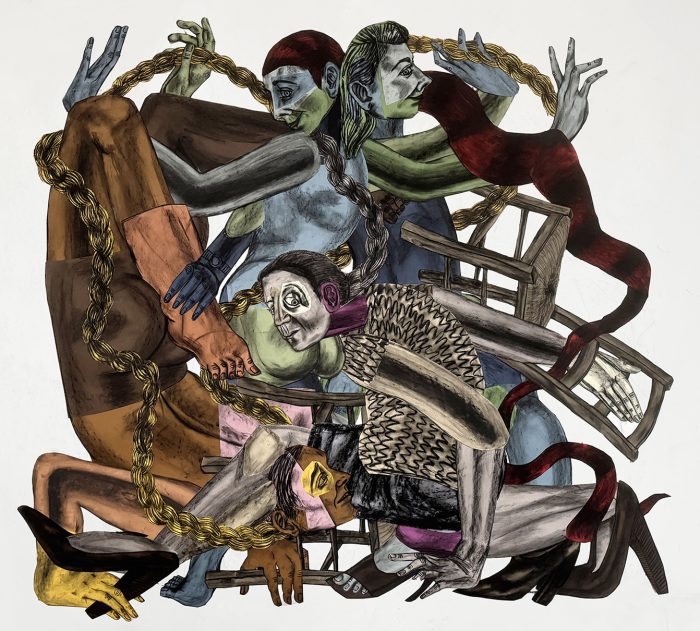 Susanna Inglada, Alboroto, 2025, charcoal on coloured paper, 192 x 182 cm