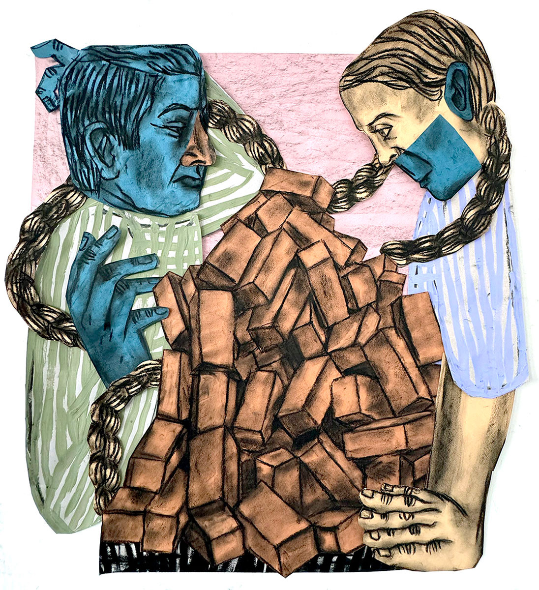 Susanna Inglada, Bricks (Ladrillos), 2023, charcoal on coloured, collaged, paper, 77 x 64 cm