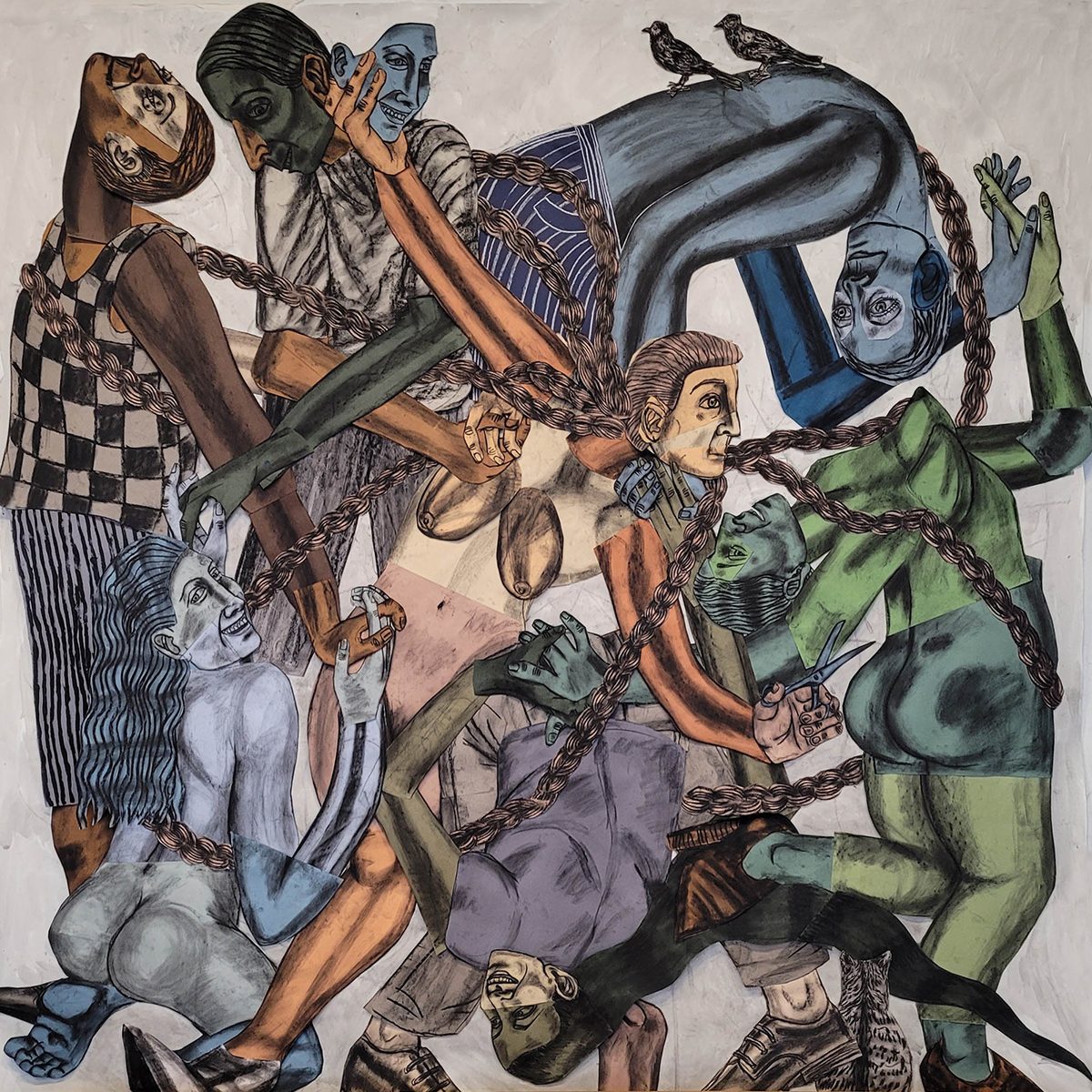 Susanna Inglada, Entrelazados, 2025, charcoal, acrylic, pastel on coloured paper, 245 x 250 cm