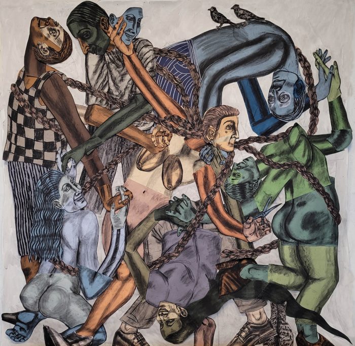 Susanna Inglada, Entrelazados, 2025, charcoal, acrylic, pastel on coloured paper, 245 x 250 cm