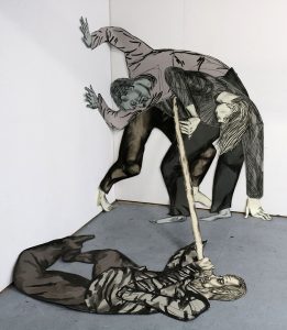 Susanna Inglada, Y Ahora Que?, 2020, charcoal, acrylic, ink, pastel on coloured paper, 160 x 120 x 300 cm
