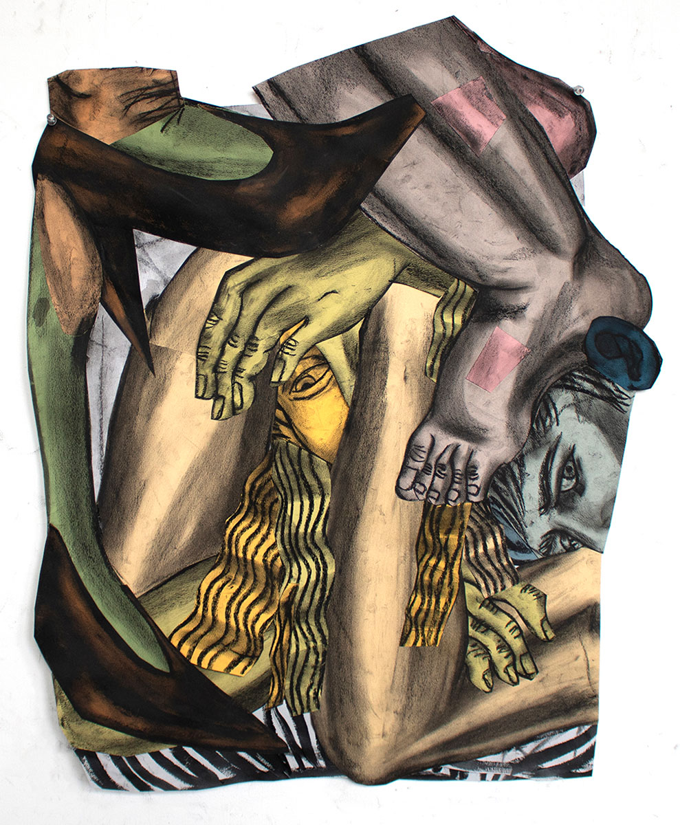 Susanna Inglada, Tres Ojos Viendo, 2024, charcoal on coloured, collaged paper, 70 x 62 cm