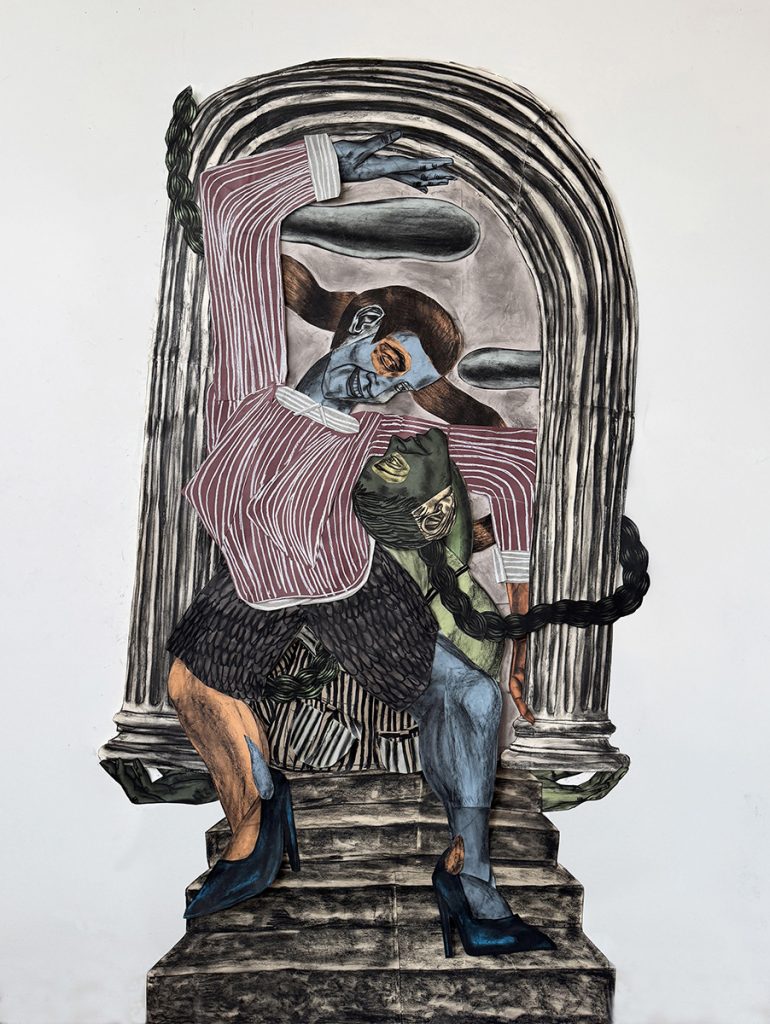 Susanna Inglada, Up and Down, 2025, charcoal, pastel, acrylic on coloured paper, 248 x 136 cm