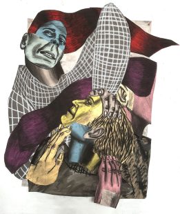 Susanna Inglada, Yellow Mask, 2024, charcoal, acrylic, pastel on coloured paper, 88 x 76 cm