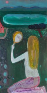 Axel Linderholm, Meisje en spiegel, 2025, olieverf op paneel, 85 x 44 cm