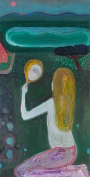 Axel Linderholm, Meisje en spiegel, 2025, olieverf op paneel, 85 x 44 cm