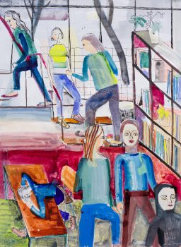 Jantien Jongsma, Meisjes bij de trap, 2026, mixed media on paper, 40 x 30 cm