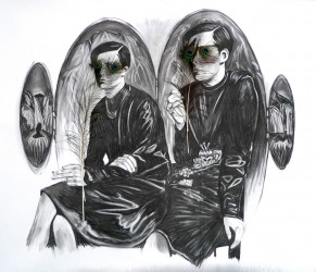 Marjolijn van der Meij. Mirror, 2013, charcoal and peacock feathers on paper, 170 x 150 cm