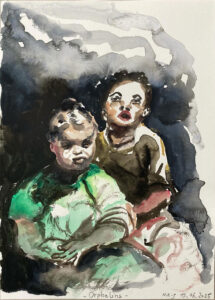 Nour-Eddine Jarram, Orphelins, 2025, watercolour on paper, 29 x 21,5 cm
