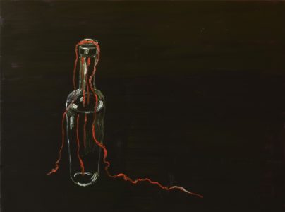 Erik Pape, Bottle with red threads, 2025, oilpaint on panel, 60 x 80 cm