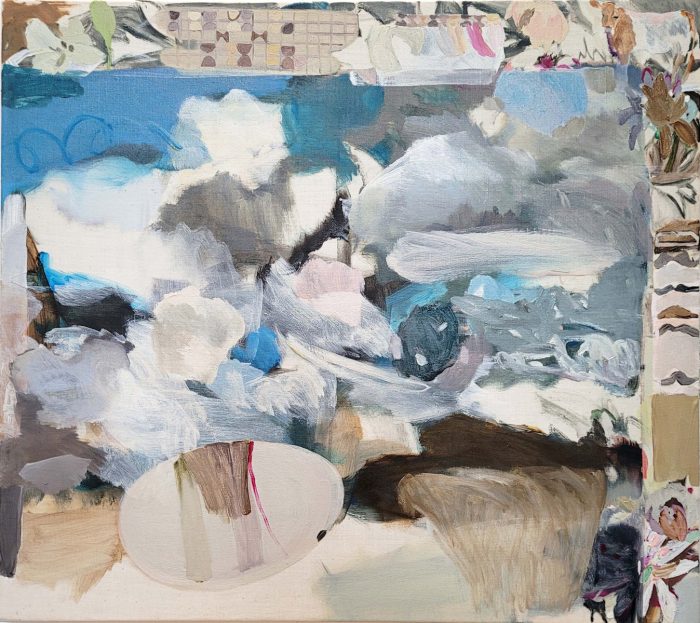 Andrea Freckmann, Bühnenbild für Kühe, 2025, oilpaint on linen, 80 x 90 cm